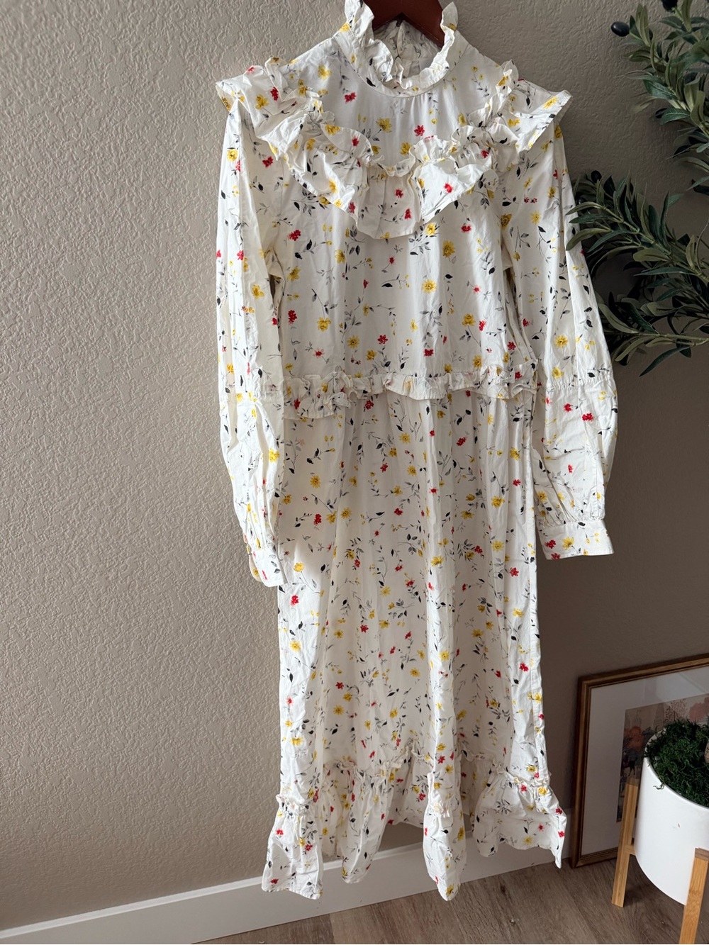 GANNI Floral Ruffle Cotton Midi Dress Size 38 US 6